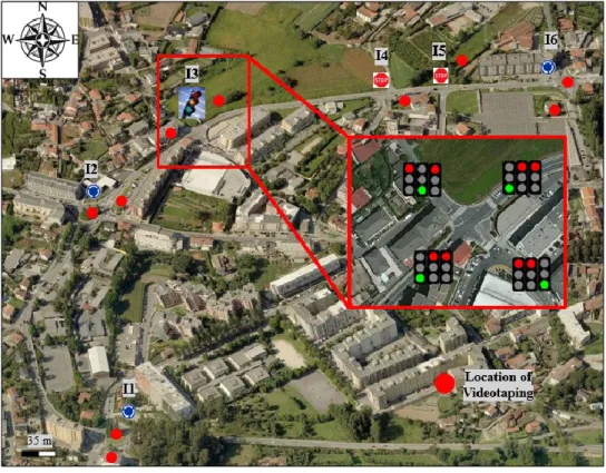 Figure 9 Aerial view of the selected corridor with the intersections’ identification (I1, I2, I3  – including phasing, I4, I5 and I6) (Guimarães, Portugal)