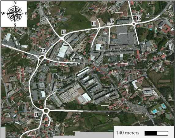 Figure 10 Coded network in VISSIM. Source: https://maps.google.com/ 140 meters I1 I2 I3 I4 I5 I6 