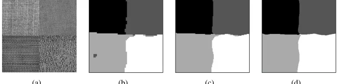 Figure 4: (a) 4-textured image, and its segmentation result at, (b) level 2 (64 × 64), (c) level 1(128×128), (d) level 0 (256×256, ﬁnal result)