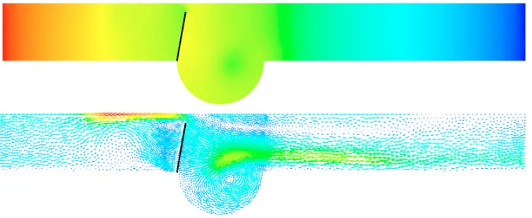 Figure 7. Pressure and velocity ﬁelds at t = 2.65 (maximum opening in a stenotic case).