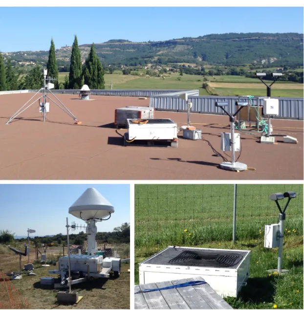 Figure 1.1 – Examples of instruments used in this thesis, as deployed in the field. The top panel shows Pradel Grainage in Ardèche, France, with (L–R) the Vaisala weather station, 2DVD, first-generation Parsivel and Parsivel 2 