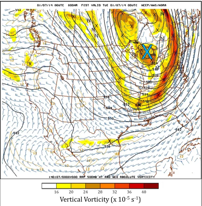 Fig.  7.  Rapid  Refresh  (RAP)  model  500-hPa  analysis  valid  at  0000  UTC  7  January  2014