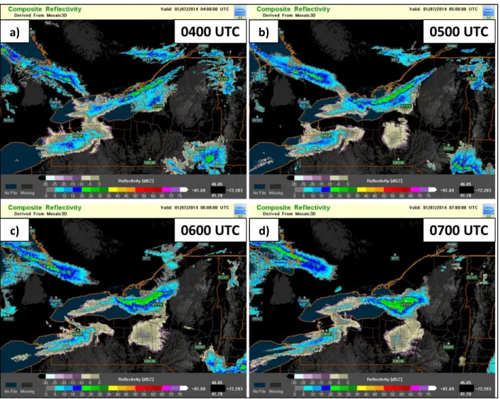 Fig.  9.  Multi-Radar  Multi-Sensor  (MRMS;  available  online  at  http://mrms.ou.edu/)  System  composite reflectivity (dBZ) and terrain (grayscale background) valid at: a) 0400 UTC, b) 0500  UTC, c) 0600 UTC, and d) 0700 UTC 7 January 2014