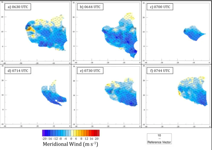 Fig.  15.  Dual-Doppler  wind  synthesis  at  2000  m  AGL  with  meridional  horizontal  wind  speed  (color  fill;  m  s -1 ),  horizontal  wind  vectors  (black  arrows;  m  s -1 ),  and  vertical  vorticity  (only  positive values displayed; contoured 