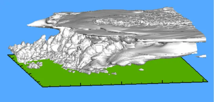 Figure 10.  Three-dimensional perspective of the cloud and precipitations surfaces as viewed from the  southwest from Case-2