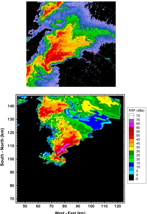 Figure 11.  Observed NEXRAD radar reflectivity field of the supercell as it approached Raleigh from the  southwest  (top figure),  and TASS simulated radar reflectivity  factor from Case-2 at t=  1hr  38min  and an  elevation of 1000m (bottom figure)