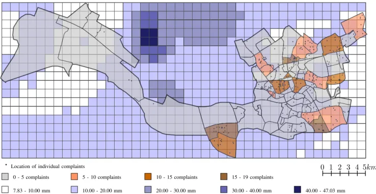 Fig. 2. View of Rotterdam districts between October 12 to 14 2013. Black dots indicate the location of citizens reporting rain-related incidents