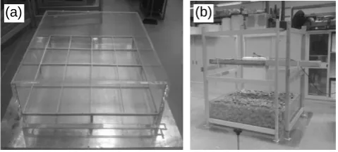 Fig. 2. Experimental set-up: methacrylate tank laid above a copper sheet (a), and wooden framework supporting the GPR apparatus during the 
