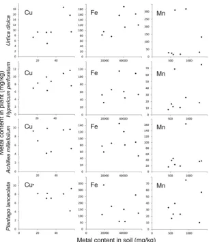 Figure 3 Cu, Fe, and Mn plant levels in relation to their levels in soil. The Pearson correlation was not significant (p<0.05) for any of the metals in any of the investigated plant species
