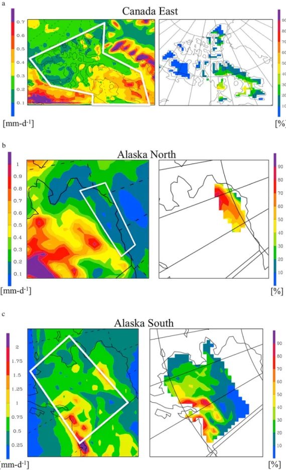 Figure 6. (left column) Composite simulated summer extreme precipitation (mm d 1 ) for the outlined analysis region and (right column) the occurrence (%) at each grid point of spatially widespread extreme events for (a) Canada East, (b) Alaska North, and (