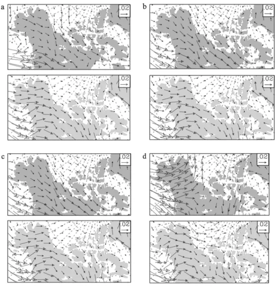 Figure 7. (a) Vertically integrated moisture ﬂux vectors (kg kg 1 m s 1 ) during extreme event days from (top) ERA-Interim and (bottom) Pan- Pan-Arctic WRF for Canada East