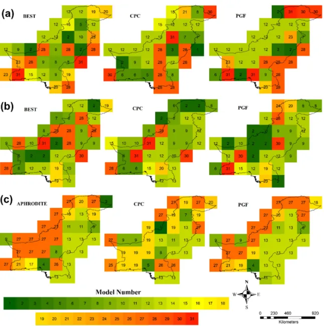 Figure 5. The  geographical  distribution  of  best  performing  GCMs  in  simulating:  (a) maximum  temperature; (b) minimum temperature; and (c) precipitation over Pakistan for different gridded  datasets