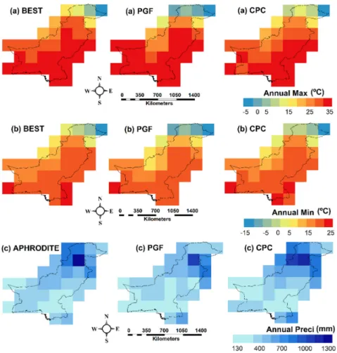 Figure 2. Spatial distribution of annual average of daily (a) maximum temperature; (b) minimum  temperature; and (c) annual total rainfall estimated using different gridded temperature and rainfall  data