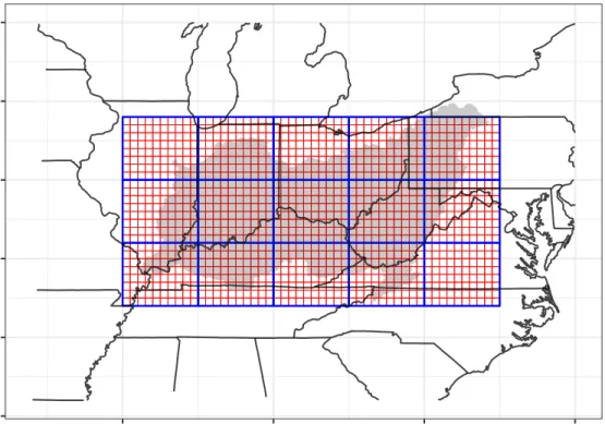 Figure 2.1: Map of study area. Blue grid shows resolution of Geophysical Fluid Dynamics Laboratory CM3 coupled model cells