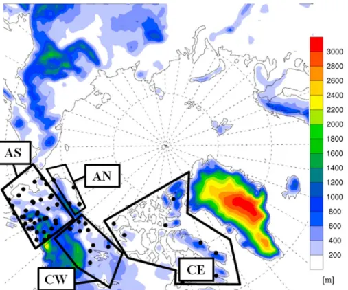 Figure 1. CORDEX Arctic 50 km domain with the North American analysis regions: Alaska North (AN), Alaska South (AS), Canada East (CE), and Canada West (CW)