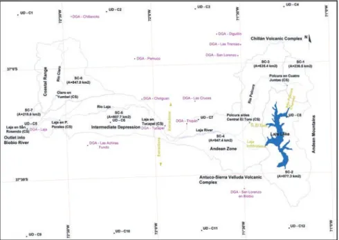 Figure 3. Conceptual model of the Laja basin and its discretization. DGA/UD stations are indicated by light/dark dots, rivers and sub-basin limits are  shown with dark lines and external alterations in light-colored lines.