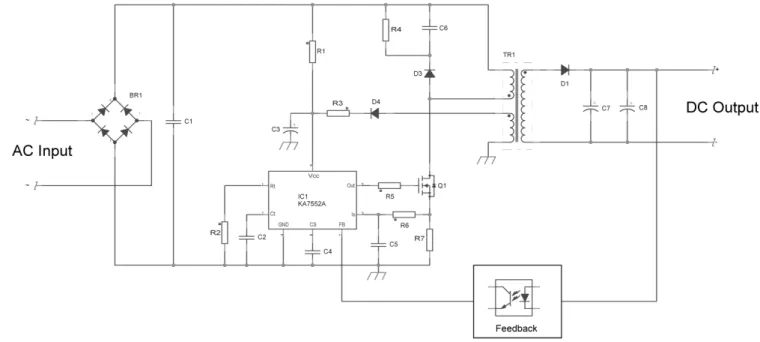 Fig. 5: Simplified schematic of high power flyback operating in DCM.  RPeakInRVUdV≤+ (12)
