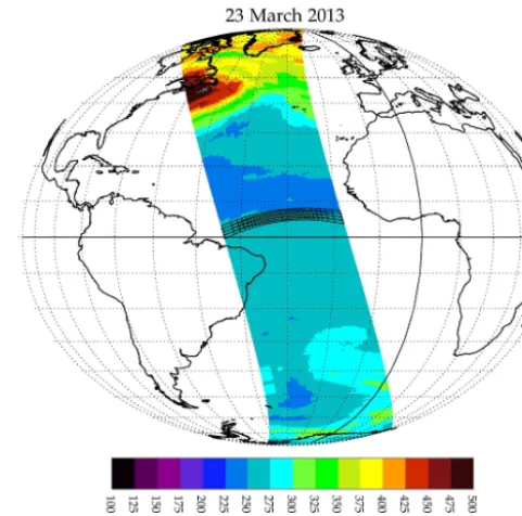 Figure 1. Each orbit of NM data measures a swath of total columnozone: 35 individual ozone measurements (see example near theEquator) are made for each scan line.