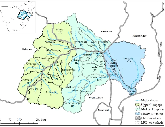 Figure 1. 1: The Limpopo River Basin’s three regions and 27 sub-watersheds  