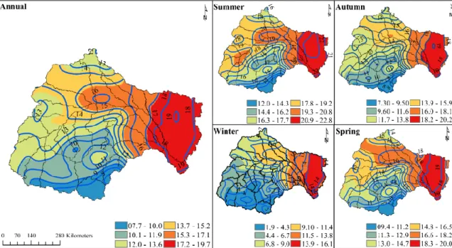 Figure  2.  4:  Mean  annual  and  seasonal  minimum  temperature  from  1979  to  2013 in the Limpopo River Basin