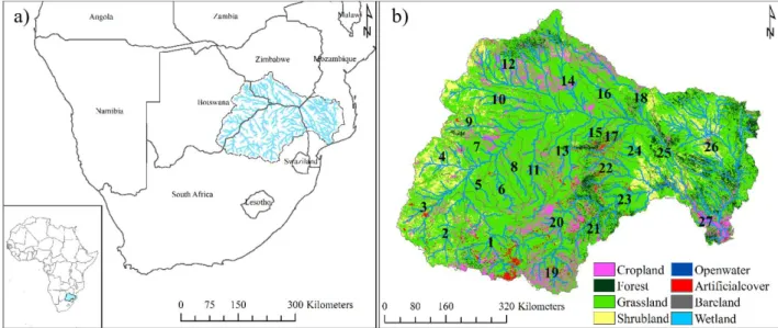 Figure 3. 1: a) Location of the Limpopo River Basin; and b) Major watersheds  and  land  use  types  based  on  2010  globland30  land  use  database  (Geomatics  Center of China, 2010) 
