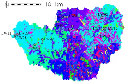Figure 3.1: Little Washita experimental sites on soil type map of the watershed, the map  has 200m-grid resolution