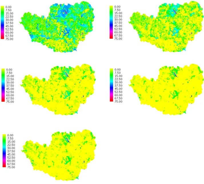 Figure 4.7: Simulated surface runoff depth (mm) on July 11, 12, 13, 14, and 16, 1997,  from left to right and from top to bottom, respectively