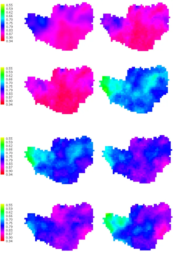 Figure 4.16: Spatial surface emissivity for July 1, 2, 3, 11, 12, 13, 14, and 16, from left  to right, and from top to bottom, respectively