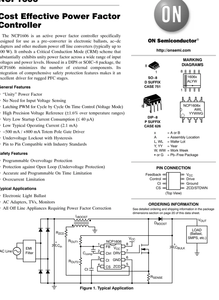 Figure 1. Typical Application+AC LineEMI Filter1432856FB7CtrlCtCSGNDZCDDRV + C BULK LOAD  (Ballast,   SMPS, etc.)NCP1606VOUTRSENSECinRZCDROUT1ROUT2CcompVCCCtVCCDBOOSTLBOOSThttp://onsemi.comSO−8D SUFFIXCASE 751MARKINGDIAGRAMSPIN CONNECTIONNCP1606x          