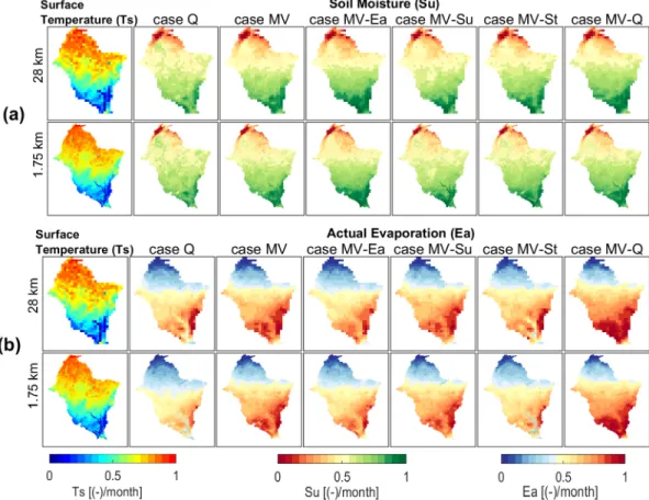 Figure 9. Long ‐term monthly average of land surface temperature compared to (a) soil moisture and (b) actual evapora- evapora-tion for all model calibraevapora-tion cases over the simulaevapora-tion period (2003 –2012) at various spatial resolutions