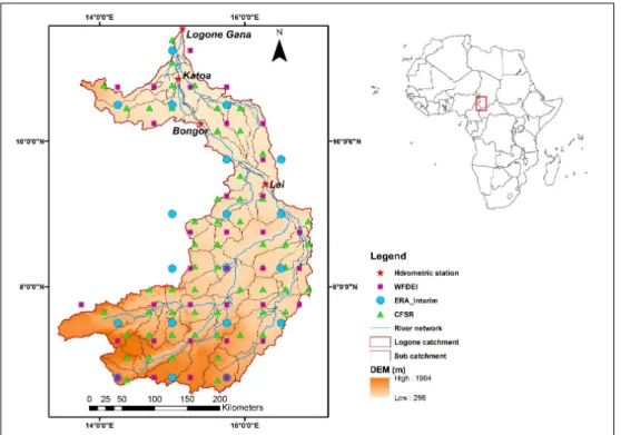 Figure 1. Map of the study area showing the Logone river network, sub catchments and reanalysis  grid points used for streamflow simulation