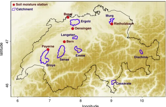 Fig. 1. Locations of catchments and soil moisture stations considered in this study.