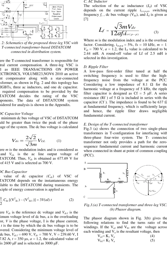 Fig. 2: Schematics of the proposed three-leg VSC with  T-connected transformer-based DSTATCOM 