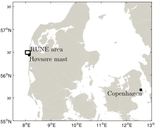 Figure 1. The RUNE experimental site in Denmark. The area of the coastal experiment is shownin the rectangle, and the positions of the meteorological mast at Høvsøre in the circle marker andCopenhagen in the square marker.
