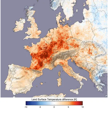 Figure 3: Extent of 2003 heat wave event. TERRA MODIS derived land surface temperature data  of  1km  spatial  resolution