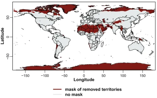 Figure 3.1: Hyperarid and cold regions excluded from global drought change analysis.
