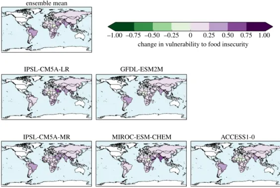 Figure 8. Change in Hunger and Climate Vulnerability Index relative to baseline calculated for simulated climate states at 2°C global warming, for five individual HadGEM3 simulations driven by SSTs and SICs from different members of the CMIP5 ensemble, and