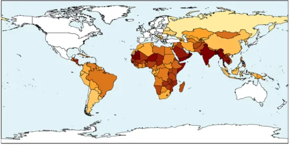 Figure 1. Hunger and Climate Vulnerability Index for 1981–2010 climate (ensemble mean across the bias-corrected HadGEM3 ensemble).