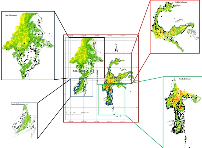 Figure 1. Rain gauge location in surrounding the Makassar Strait, consist of Kalimantan Timur or Kaltim (top  left), Kalimantan Selatan or Kalsel (bottom left), Sulawesi Tengah or Sulteng (top right) and Sulawesi Selatan 