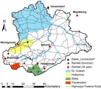 Fig. 1. Study region showing the selected four catchments for the estimation of areal rainfall, the stationary raingauge network and the location of highways and freeways used for the simulation of the car network.