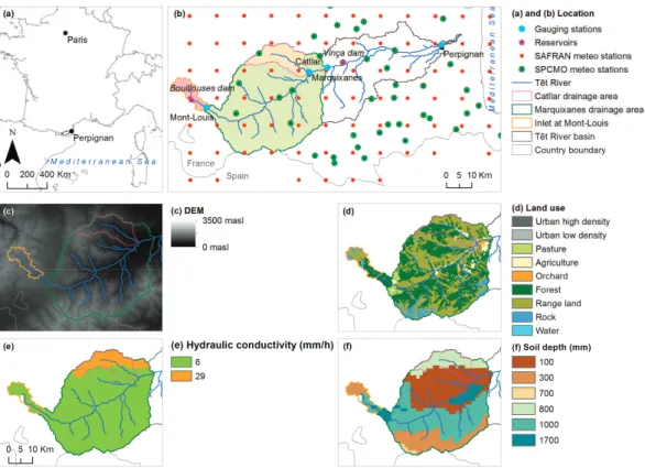 Figure 1. Location of (a) the Têt River basin and of (b) its embedded Marquixanes and Catllar drainage areas, gauging stations, reservoirs, meteorological stations locations, and inlet; (c) Digital elevation model (DEM); (d) Land use; (e) Soil hydraulic co