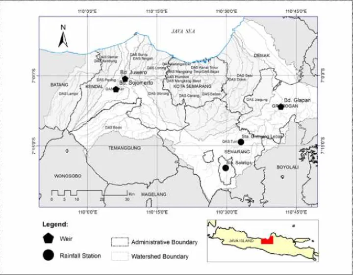 Figure 1 shows the research area and the location of the rainfall stations and weirs .
