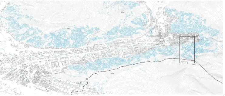 Figure 8: The mahalas of Sarajevo (in blue), the case study of Širokača (rectangle) and the IEBL (black dotted line) in an axonometric view from the South Source: Author, 2018
