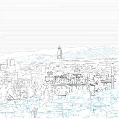 Figure 1: Sarajevo: Vratnik mahala (foreground in blue) and Aziz Tower (background in black) seen from Bijela Tabija, east of the Stari Grad and looking west toward modern city developments and mahalas 