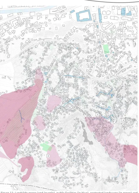Figure 11: Landslide prone land (purple), public facilities (in blue), protected landscape (in green) and 