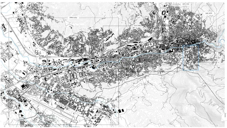 Figure 2: Map of Sarajevo showing the juxtaposed urban stratification resulting from the city’s past and the case-study mahala of Širokača (blue rectangle) Source: Author, 2018 