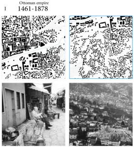 Figure 3: The Stari Grad (old town) in plan and image (left column) and the mahala of Širokača  in plan and image (right column) Source (plan and photos): Author, 2018  
