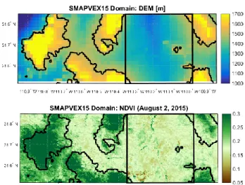 Figure  2  shows  the  downscaled  SMAP  soil  moisture  with  PALS  soil  moisture.  The  maps  indicate  that  most  of  the  soil  moisture  patterns  observed  with  PALS  are  successfully  replicated  with  the  downscaling  process