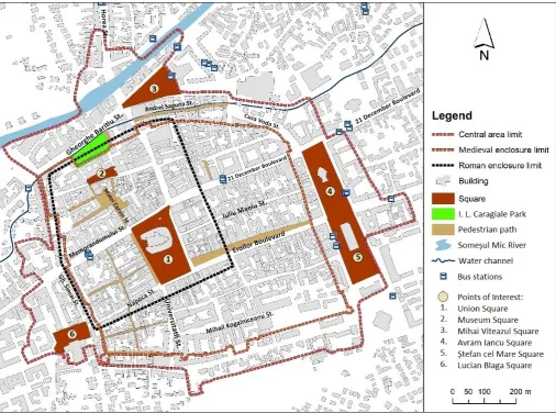 Figure 1: Setting out Cluj-Napoca central area and its squares 