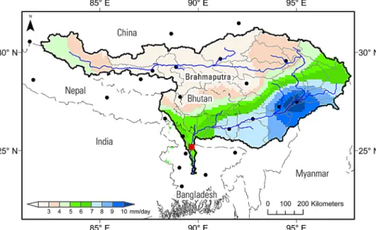 Fig. 1. The Brahmaputra basin along with the subbasins and river overlaid on precipitation climatology (1982–2000)